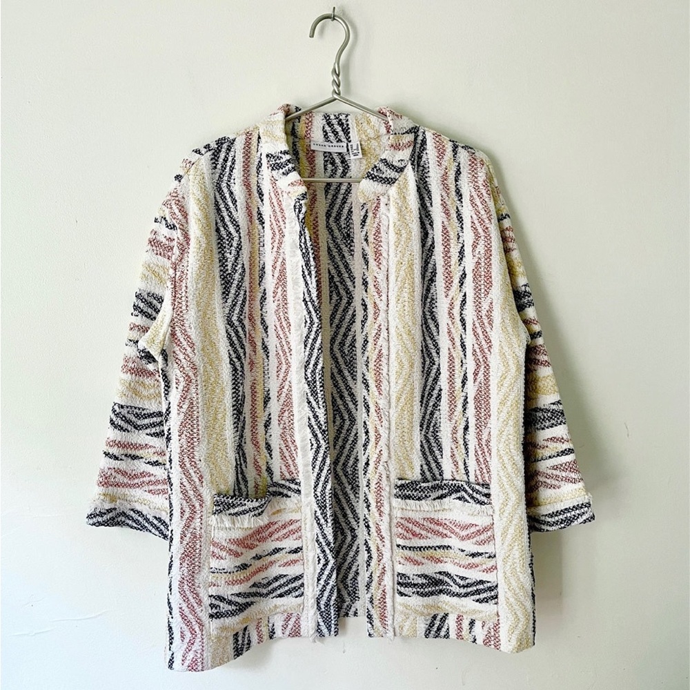Susan Graver Open Front Jacquard Pattern Metallic Raw Hem Fringe Jacket Coat